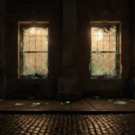 Philadelphia Federal Courthouse at night with shattered windows glowing softly in moonlight.