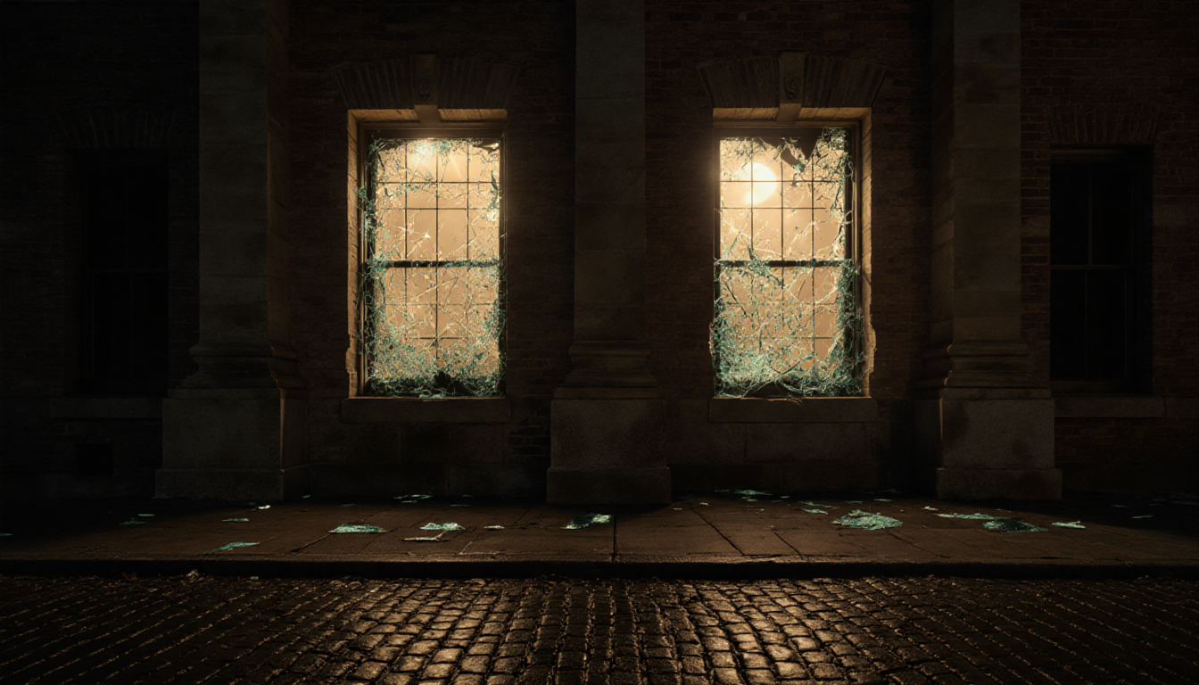 Philadelphia Federal Courthouse at night with shattered windows glowing softly in moonlight.