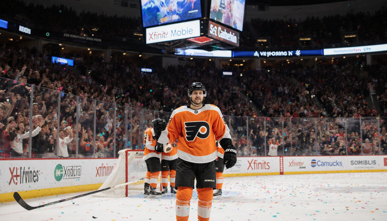 Nikita Grebenkin stands proudly celebrating Philadelphia Flyers victory with teammates high‑fiving and confetti fluttering