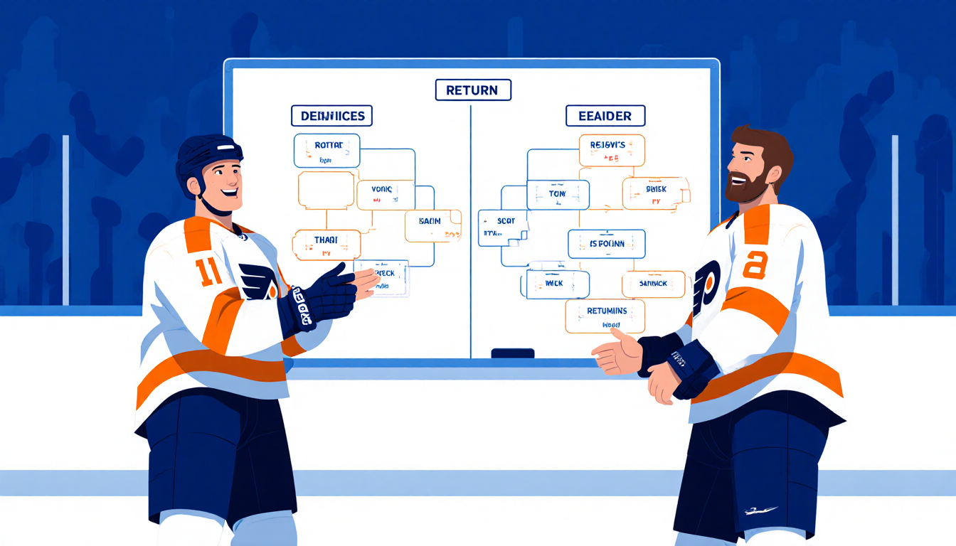 Ristolainen and York returning to the ice with a Flyers whiteboard full of defensive strategies and Coach Tocchet gesturing