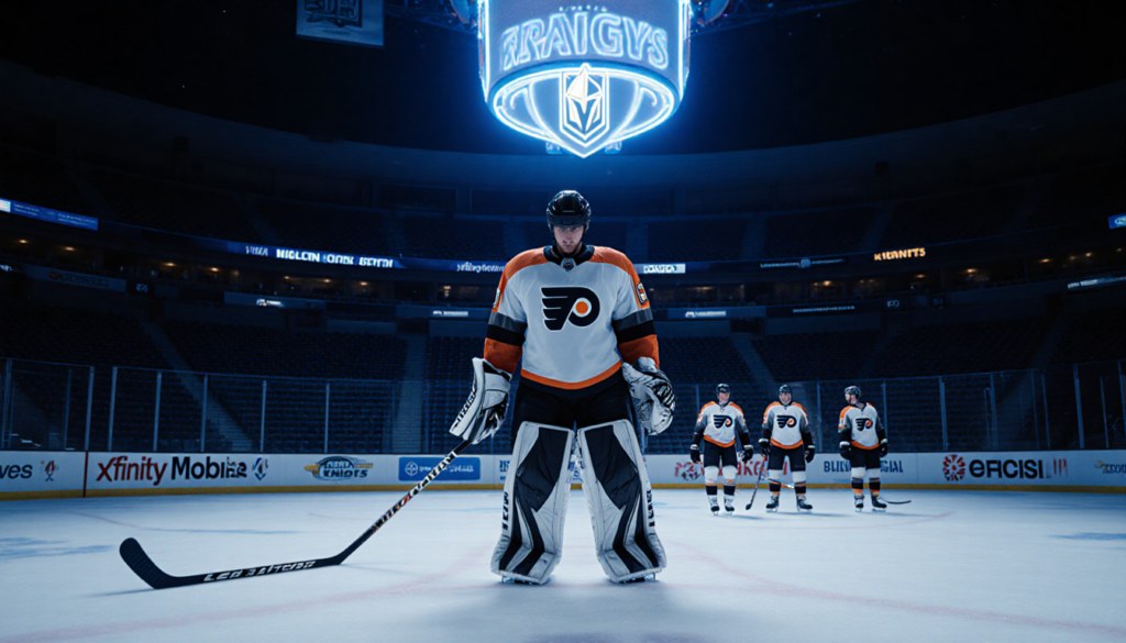 Flyers goalie stands alone with neon Golden Knights bench glowing under blue arena light.
