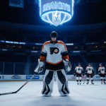 Flyers goalie stands alone with neon Golden Knights bench glowing under blue arena light.