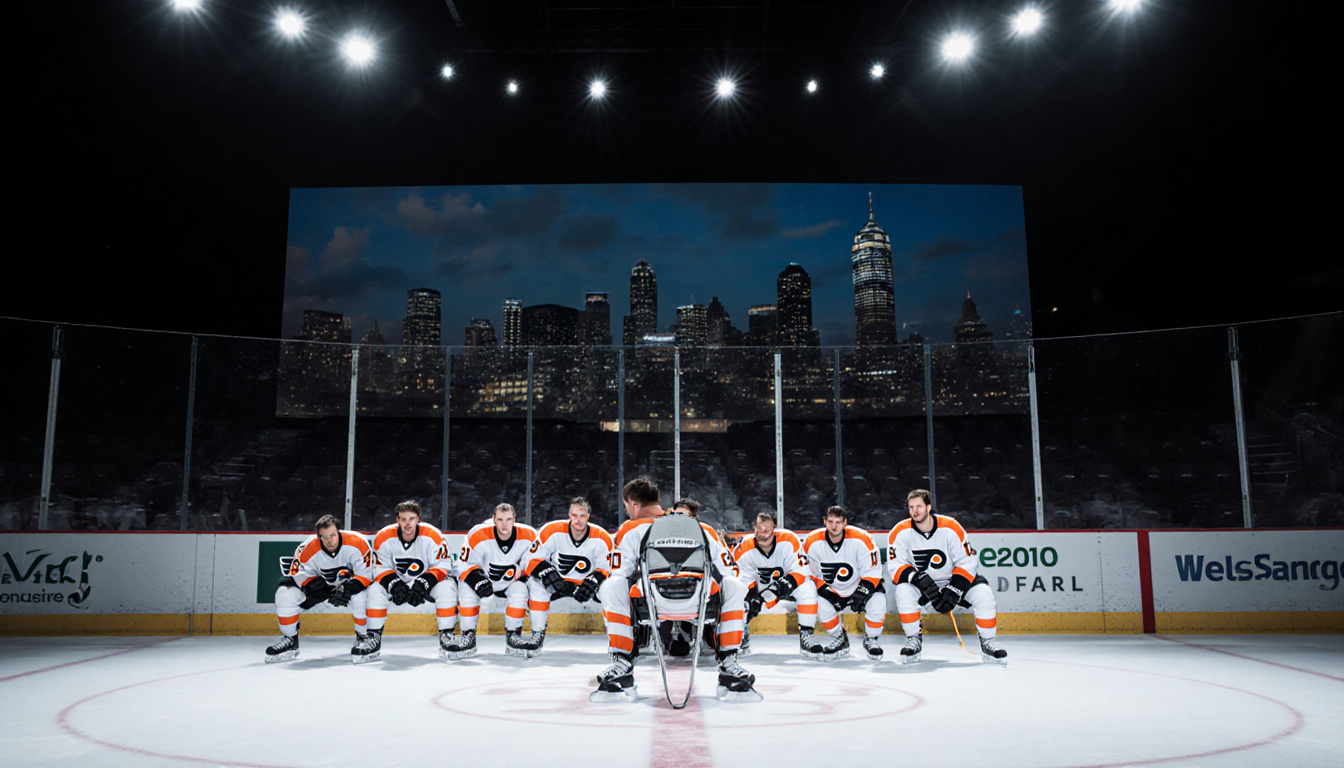 Philadelphia Flyers players huddle around empty chair with city skyline visible behind dim arena
