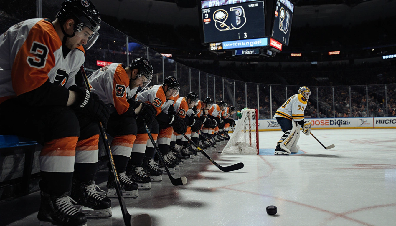 Empty Philadelphia Flyers bench with slumped players while scoreboard shows 5-3 Sabres and a goalie tends a puck in net