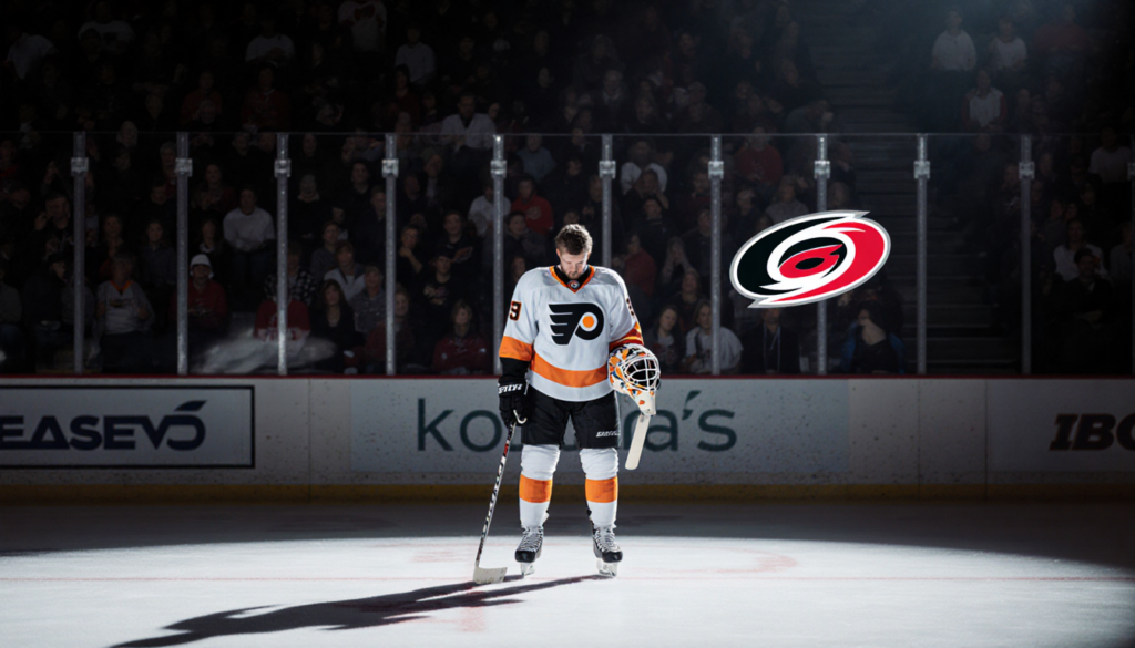 Flyers player holds goalie mask with disappointed gaze at center ice under lights with a Hurricanes logo behind hockey defeat