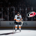 Flyers player holds goalie mask with disappointed gaze at center ice under lights with a Hurricanes logo behind hockey defeat