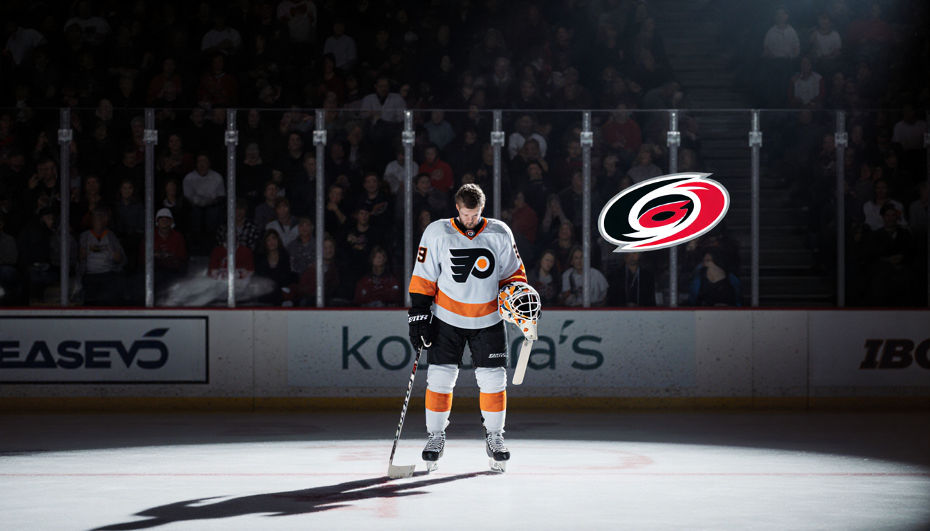 Flyers player holds goalie mask with disappointed gaze at center ice under lights with a Hurricanes logo behind hockey defeat