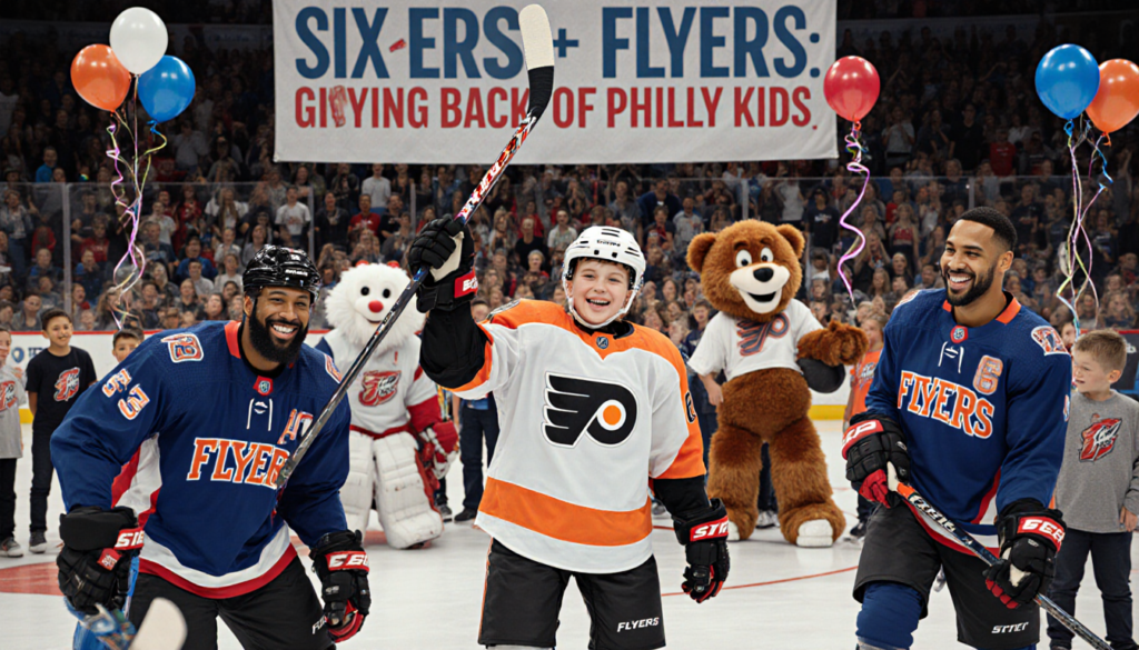 Hockey player smiles holding new stick with Flyers logo and surrounded by Sixers Joel Embiid Tobias Harris mascots.