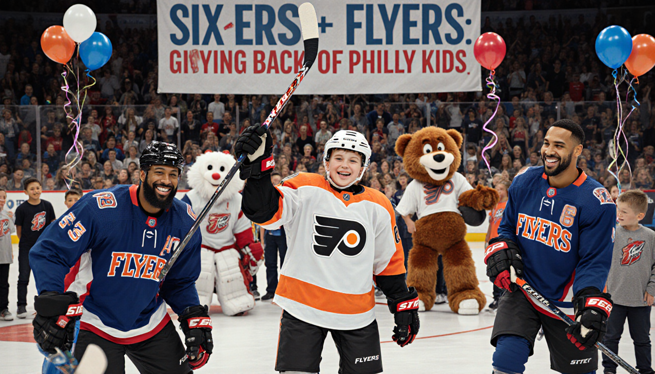 Hockey player smiles holding new stick with Flyers logo and surrounded by Sixers Joel Embiid Tobias Harris mascots.