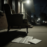 Worn armchair sits askew on porch with envelope and newspaper near glowing porch light.