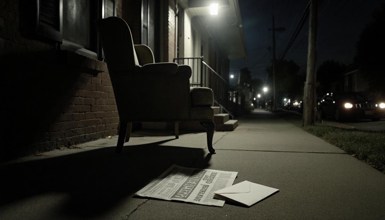 Worn armchair sits askew on porch with envelope and newspaper near glowing porch light.