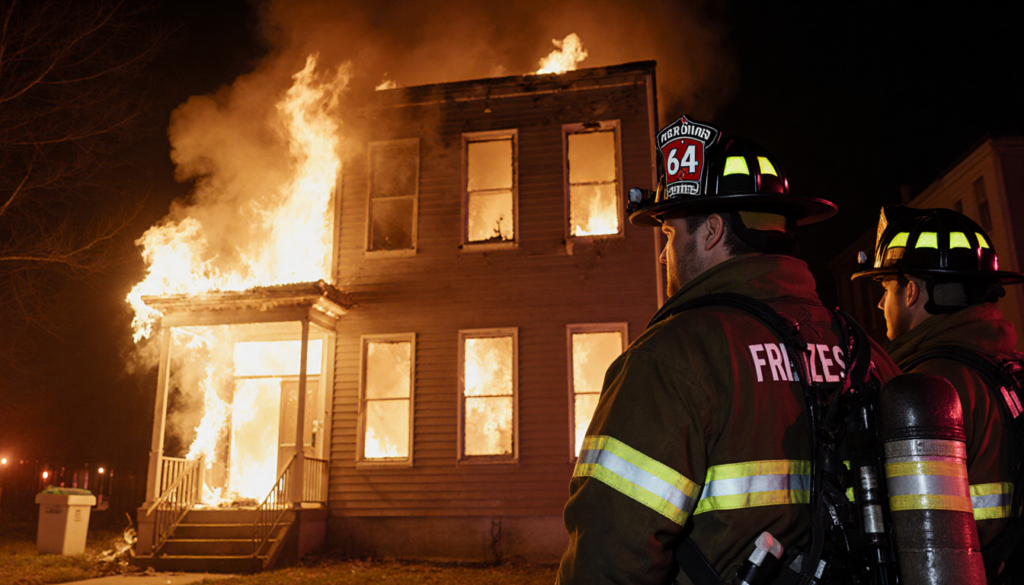 Firefighters standing in front of a burning vacant home with rugged faces illuminated by orange flames