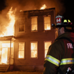 Firefighters standing in front of a burning vacant home with rugged faces illuminated by orange flames