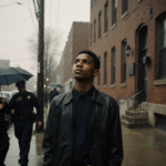 Louis Jackson standing on drizzly Kingsessing sidewalk looking up at brick building with FBI agents and police in foreground