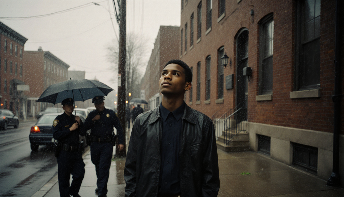 Louis Jackson standing on drizzly Kingsessing sidewalk looking up at brick building with FBI agents and police in foreground