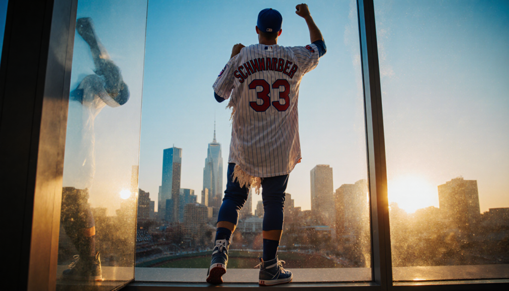 Kyle Schwarber stands triumphantly holding up a Phillies jersey with his name and number on it.