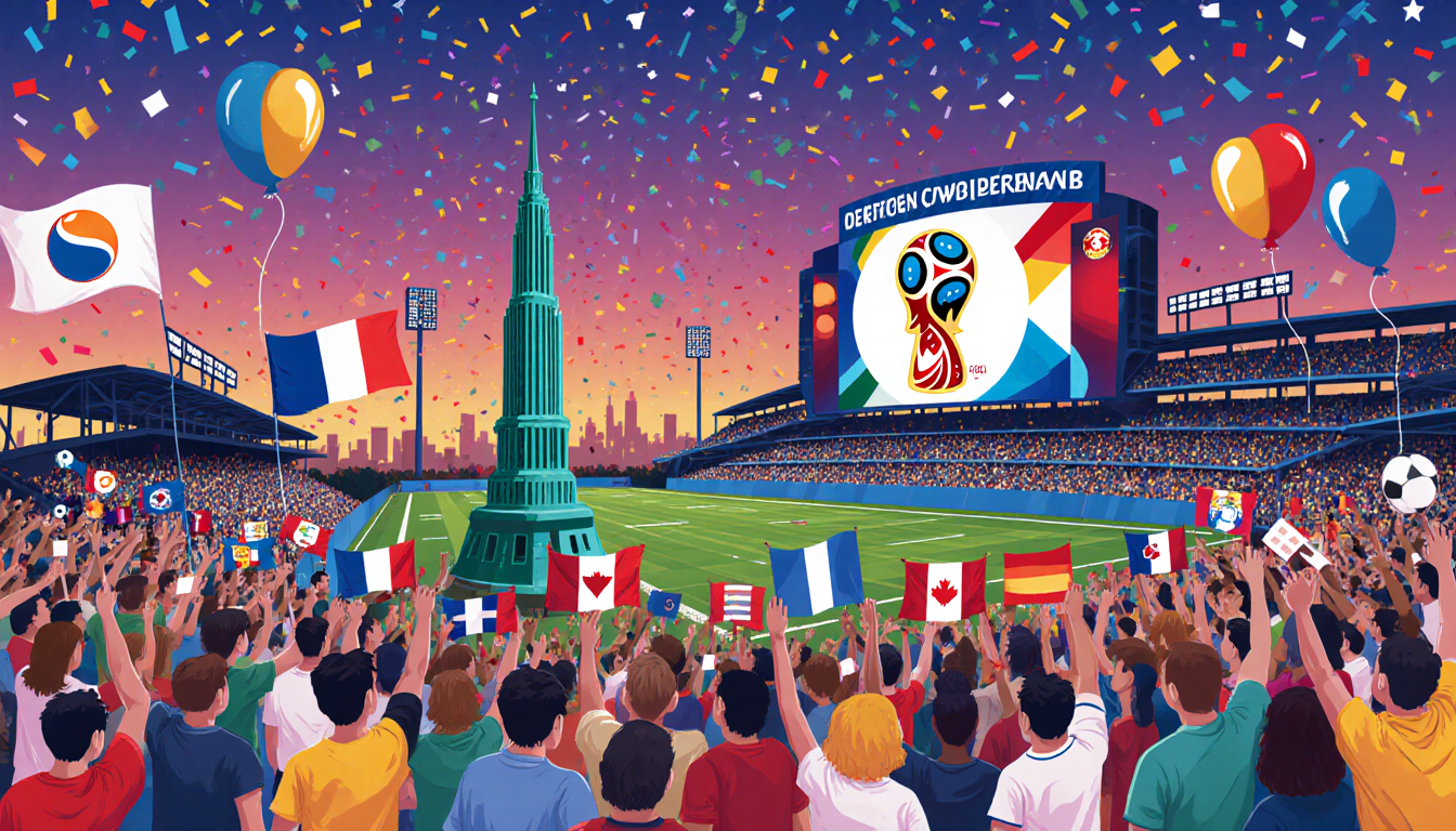 Liberty Bell Tower stands tall with diverse soccer fans gathered at Citizens Bank Park and a FIFA logo on the scoreboard