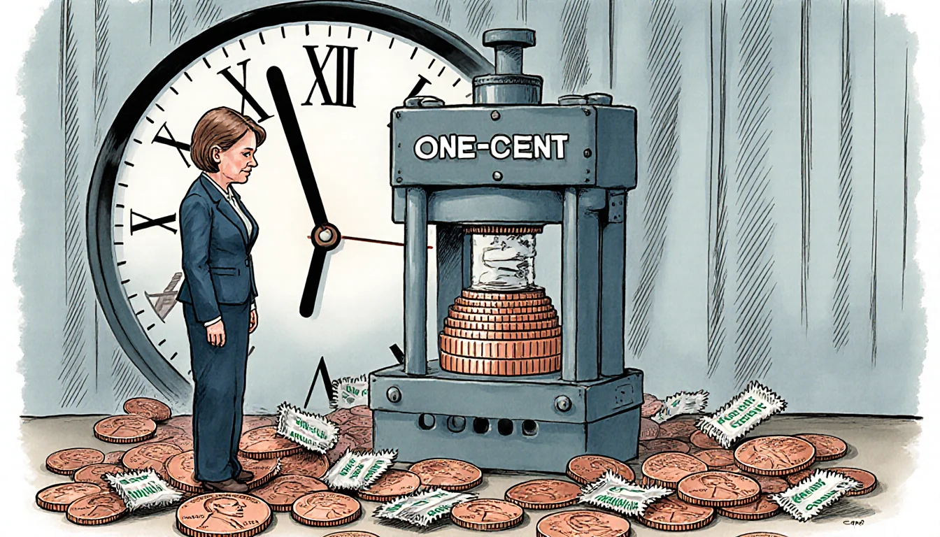 Kristie McNally stands solemnly in front of a minting press with scattered pennies and a ticking clock in the background.