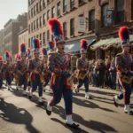 Philadelphia Mummers parade marching with colorful costumes and instruments and festive crowds under soft light