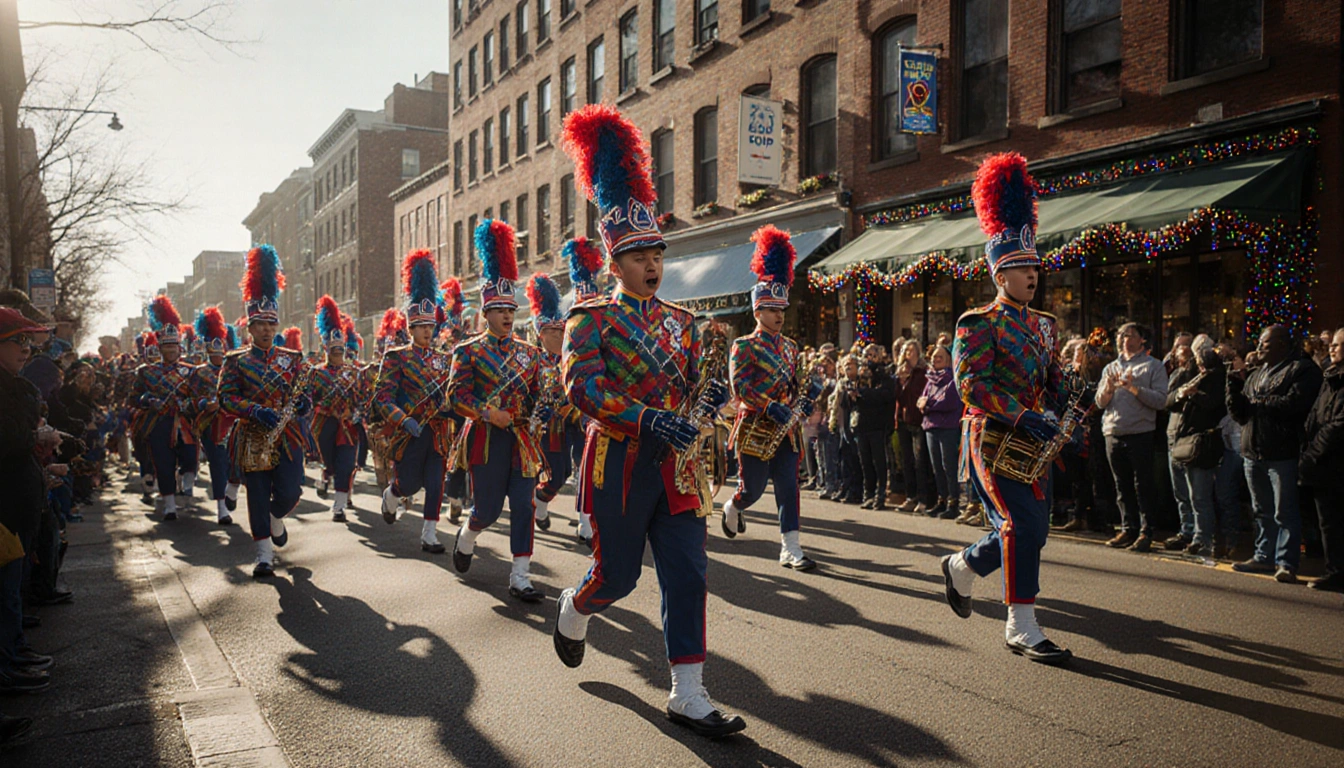 Philadelphia Mummers parade marching with colorful costumes and instruments and festive crowds under soft light
