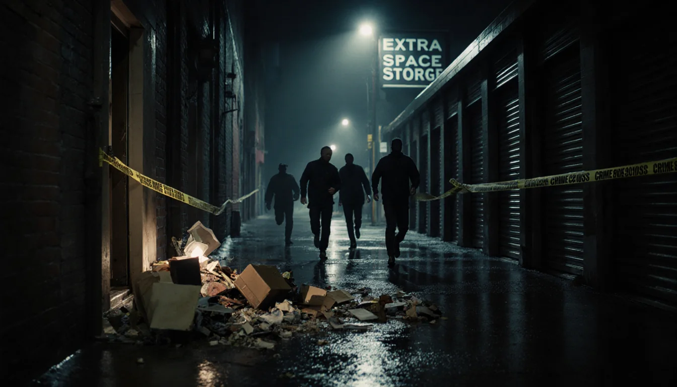 Four suspects fleeing into shadows with broken lock light illuminating goods and crime scene tape near Philadelphia storage