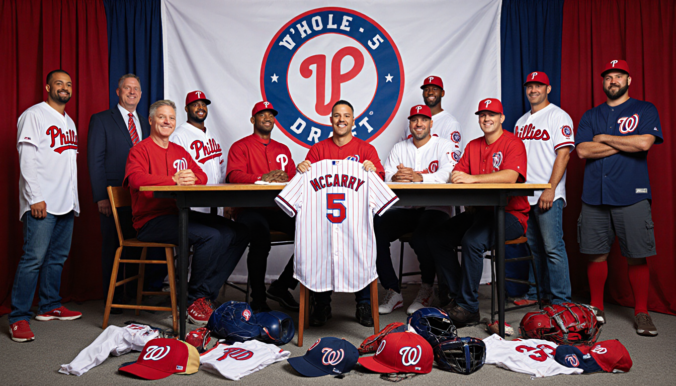 Philadelphia Phillies' team gathered around a large table with baseball equipment and jerseys scattered about, discussing the