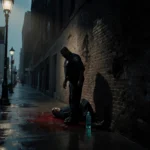 Police officer scanning ground with victim