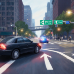 Driver weaving Philadelphia streets toward Ben Franklin Parkway with traffic light on 19th Street and police pursuit
