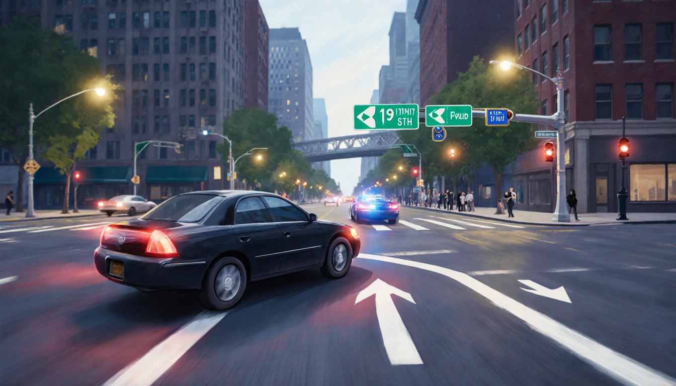 Driver weaving Philadelphia streets toward Ben Franklin Parkway with traffic light on 19th Street and police pursuit
