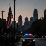 Mourners gather behind a black SUV with Philadelphia skyline and a flag on a lamppost.