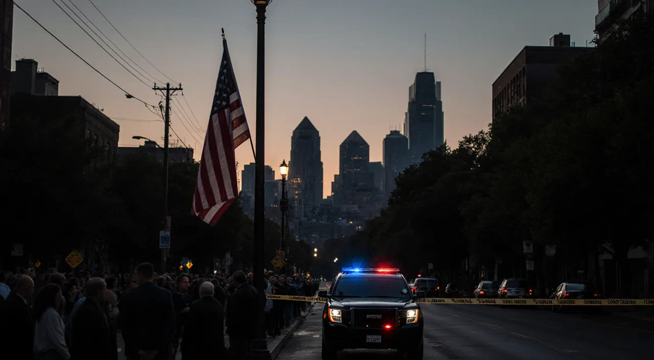 Mourners gather behind a black SUV with Philadelphia skyline and a flag on a lamppost.