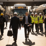 Gov. Josh Shapiro walking toward workers with a tablet beside SEPTA buses amid busy Philadelphia commuters
