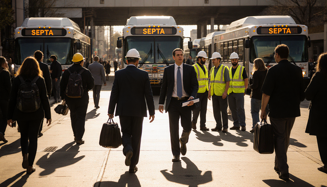 Gov. Josh Shapiro walking toward workers with a tablet beside SEPTA buses amid busy Philadelphia commuters