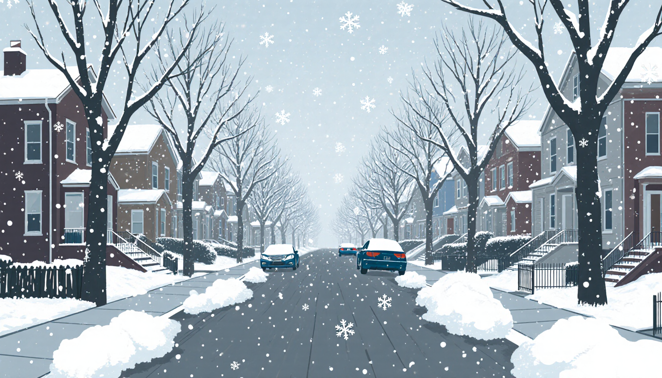 Snowflakes gently fall on a Philadelphia street covered with 2‑3 inches of fluffy snow and drifting snow near parked cars.