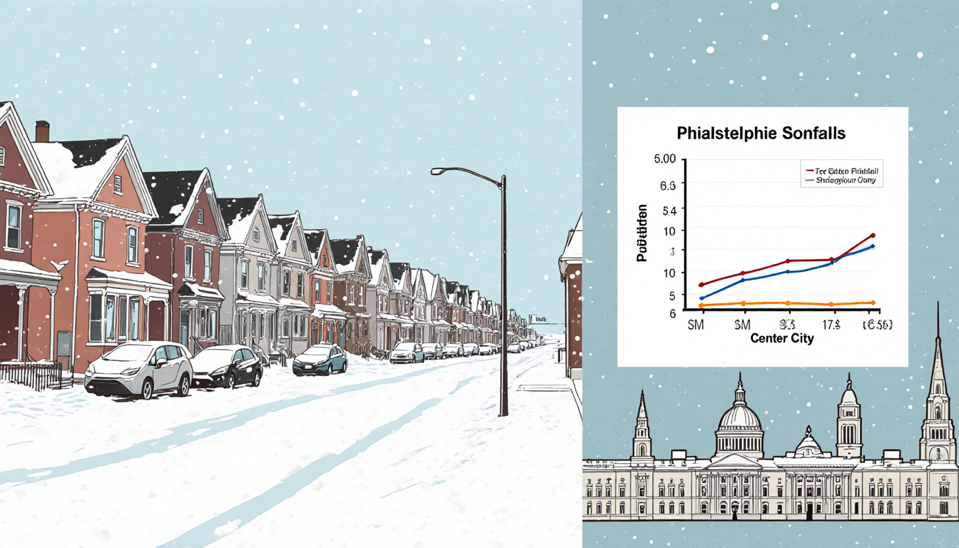 Snowfall totals mapped across Philadelphia neighborhoods with Fox Chase at five inches and Bustleton at 4.9 inches and Center