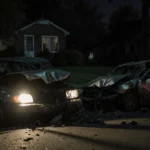 Mangled car hanging open reveals tangled wires with a single headlight illuminating a darkened suburban front yard.