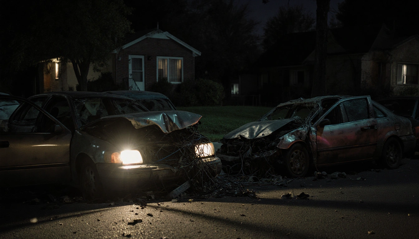 Mangled car hanging open reveals tangled wires with a single headlight illuminating a darkened suburban front yard.