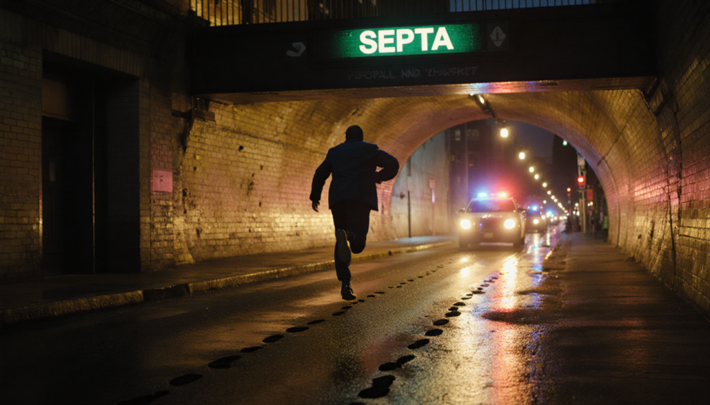 Suspect darting into subway tunnel with bright yellow floodlights and police sirens in background