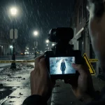 Person examining flickering monitor with streetlight glow and rain-soaked sidewalk and silhouette of woman in police tape