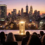 Temple Performing Arts Center shines with sunset light and citizens gather at mayor