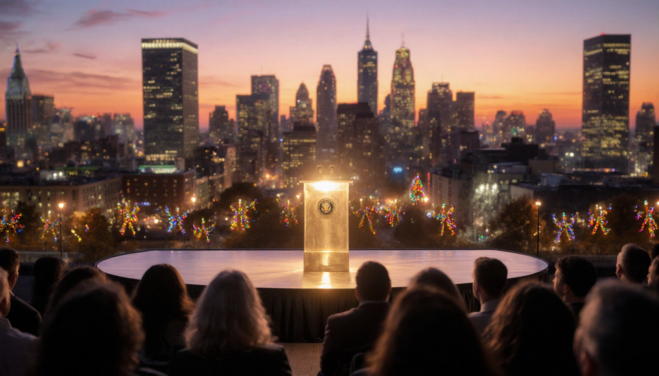 Temple Performing Arts Center shines with sunset light and citizens gather at mayor