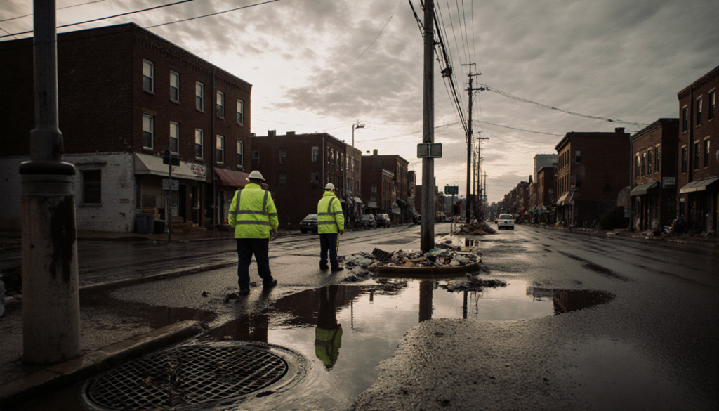 Workers in yellow vests standing near a broken water main with wet pavement under an overcast sky in Northeast Philadelphia.