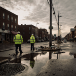 Workers in yellow vests standing near a broken water main with wet pavement under an overcast sky in Northeast Philadelphia.