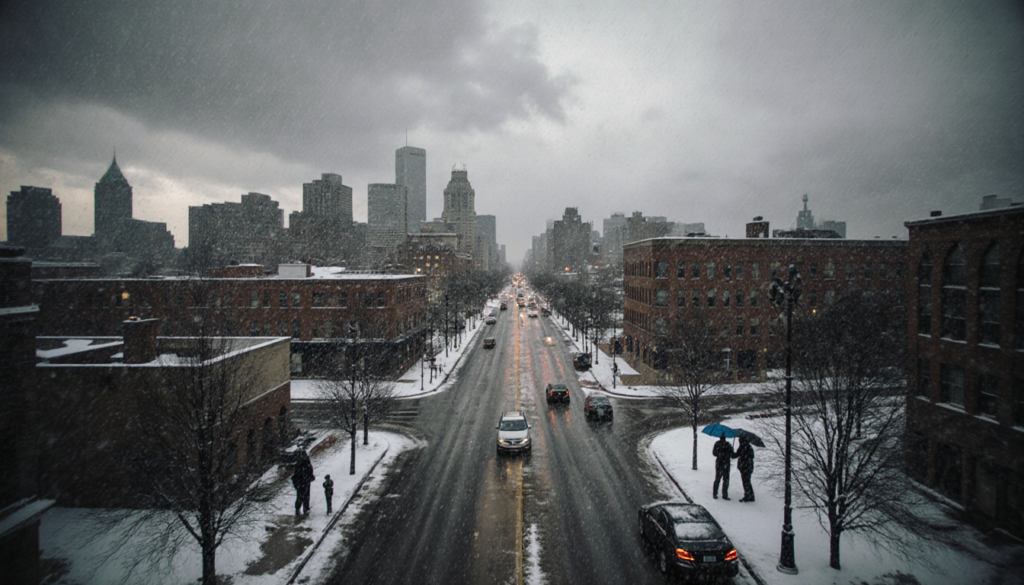 Stalled cars slide on slick streets with pedestrians huddled under umbrellas in snowy Philadelphia