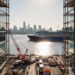 Construction workers building at PhilaPort cruise terminal with cranes and trucks and a gleaming glass façade.