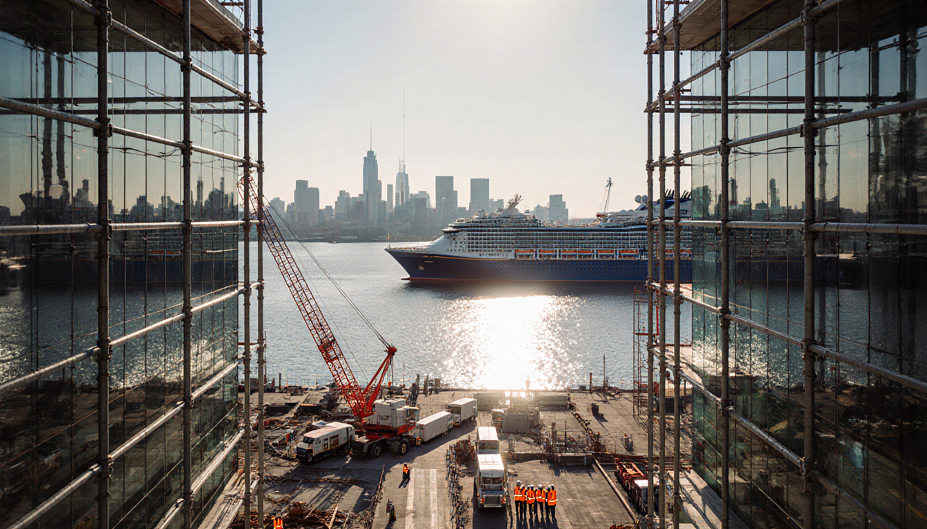 Construction workers building at PhilaPort cruise terminal with cranes and trucks and a gleaming glass façade.