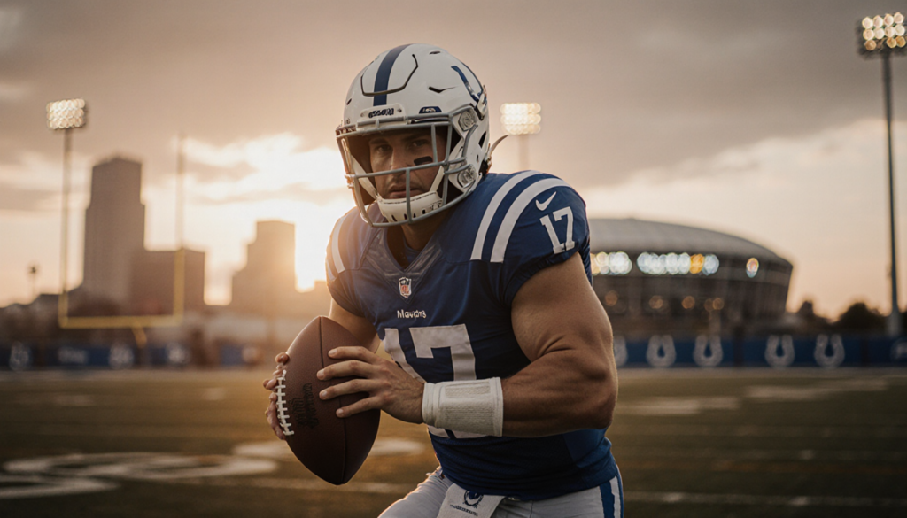 Philip Rivers holding football with Colts jersey and helmet and Indianapolis skyline at sunset