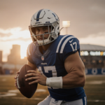 Philip Rivers holding football with Colts jersey and helmet and Indianapolis skyline at sunset