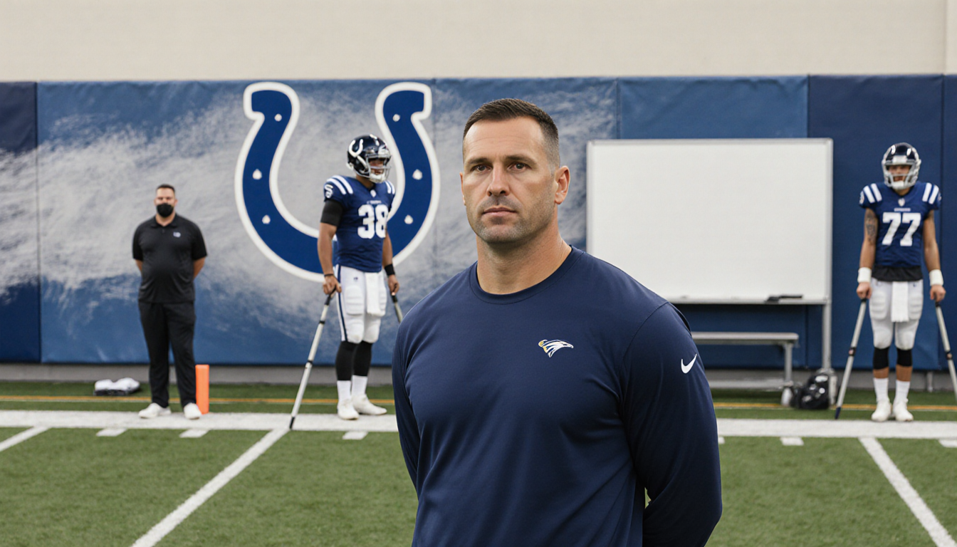 Philip Rivers stands on a field with the Indianapolis Colts logo on a whiteboard while a coach watches from the sidelines and