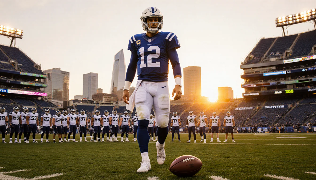 Philip Rivers steps onto the field at Lucas Oil Stadium with Colts jersey and football at his feet near Indy skyline